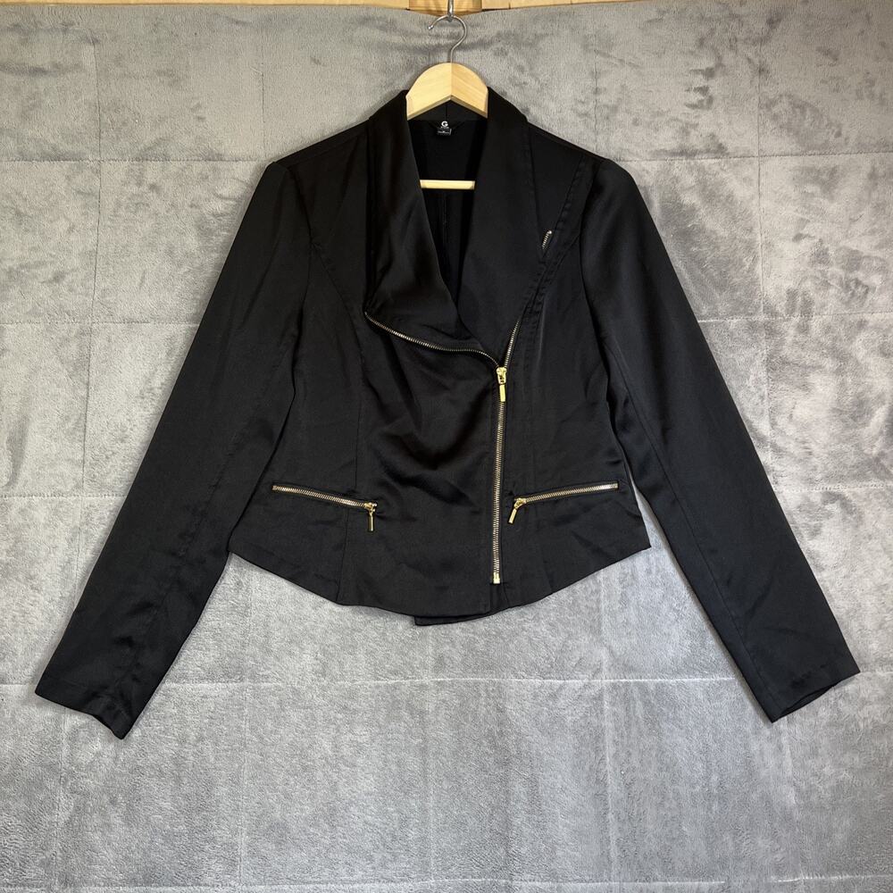 Guess Moto Jacket Womens Medium Black Satin Brass Zippers Cropped 90's Bikercore